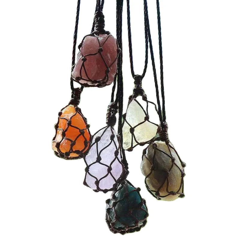 Natural Raw Crystal Stone Charms Handmade Rope Knotted Bag Healing Irregular Gemstone Quartz Amethyst Tiger Eye Pendant Necklace