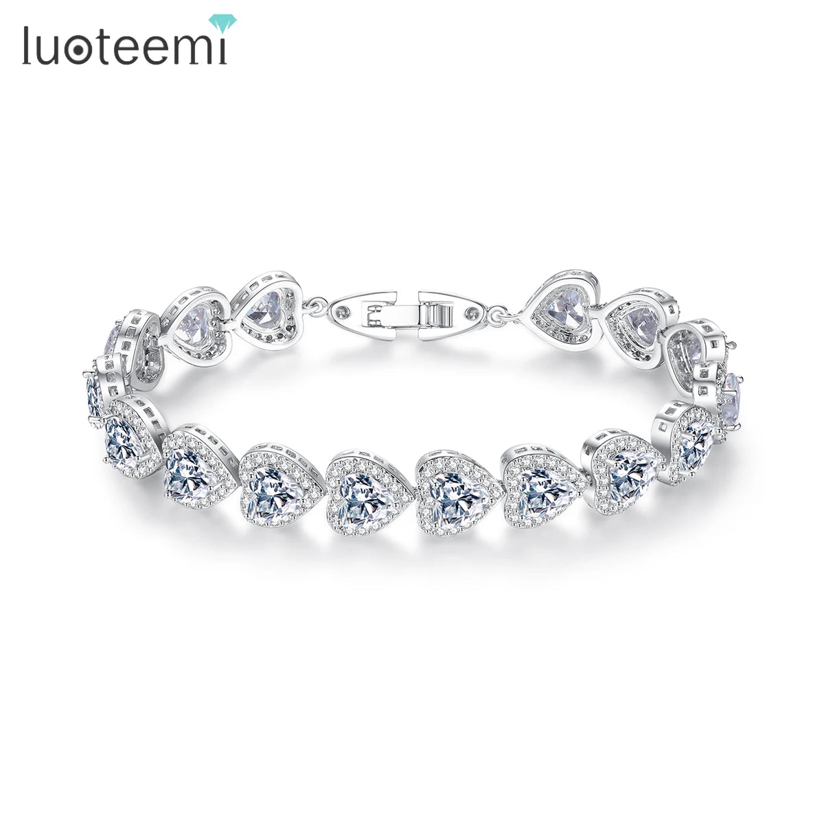 LUOTEEMI Wholesale Ruby Color Rhodium Plated Fashion Luxury Heart Shape a AA Cubic Zirconia Women Jewelry Bridal Tennis Bracelet