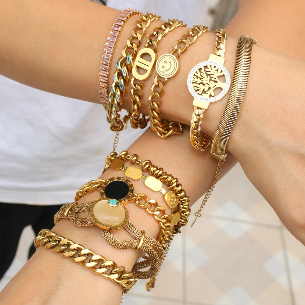 Nabest Stainless Steel Charm Bracelets Jewelry PVD Gold Plated Women Clover Heart Moon Star Butterfly Bracelet