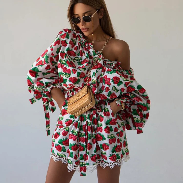 Dropshipping Clothing Women Off Shoulder Puff Long Sleeve Fall 2023 Ladies Fashion Short Dress Printed Casual Women's Dresses