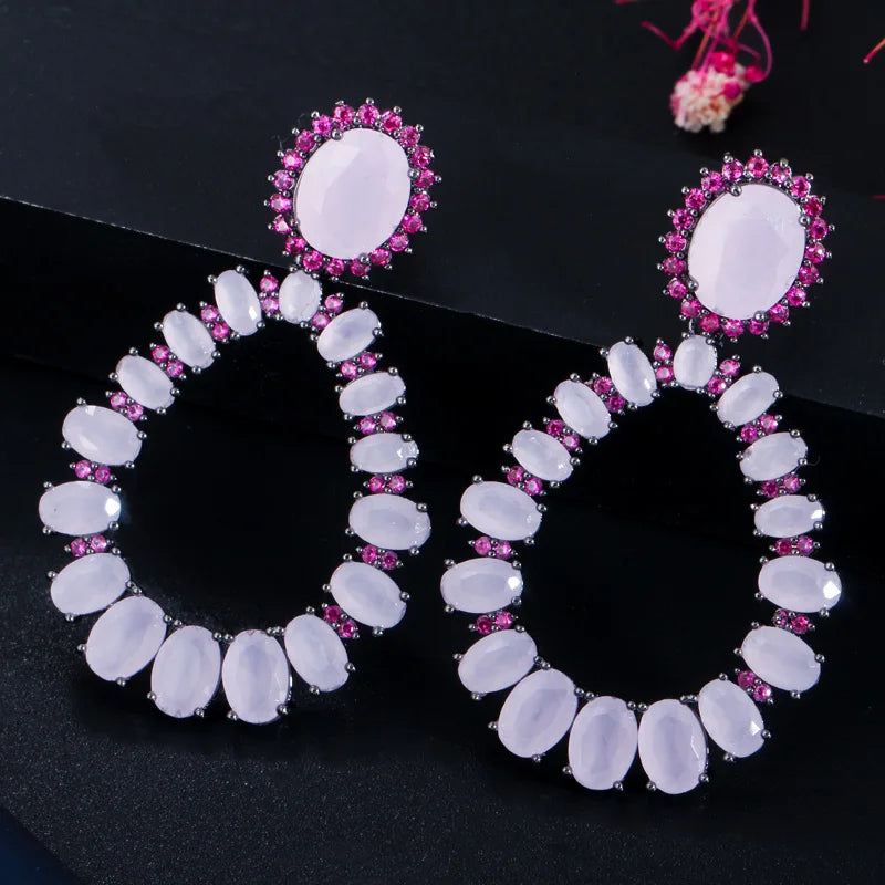 Fashion Brand Chic Oval Cut Rose Red CZ Pink Crystal Long Statement Round Drop Earrings Ladies Daily Party Jewelry Accessories