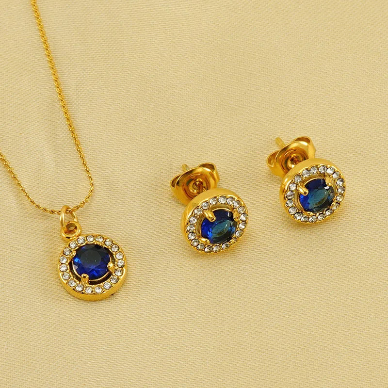 Beimai Fashion Jewelry Stainless Steel18k Gold Plated Zircon Necklace Stud Earring Set Kolye