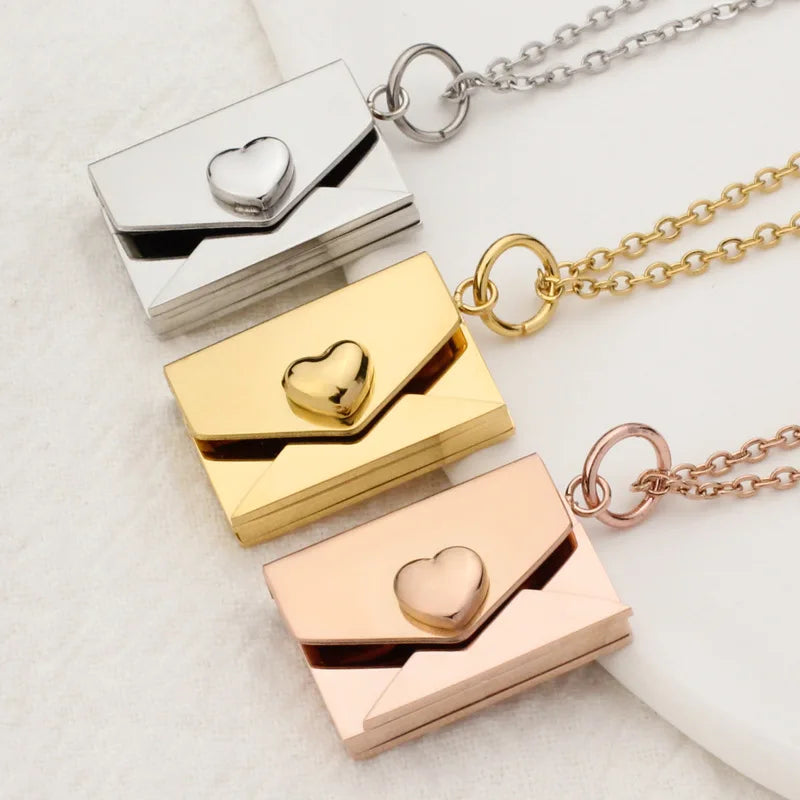 New Stainless Steel Love Message Square Letter Love You Letter Heart Envelope Pendant Necklace for Women Jewelry Gift