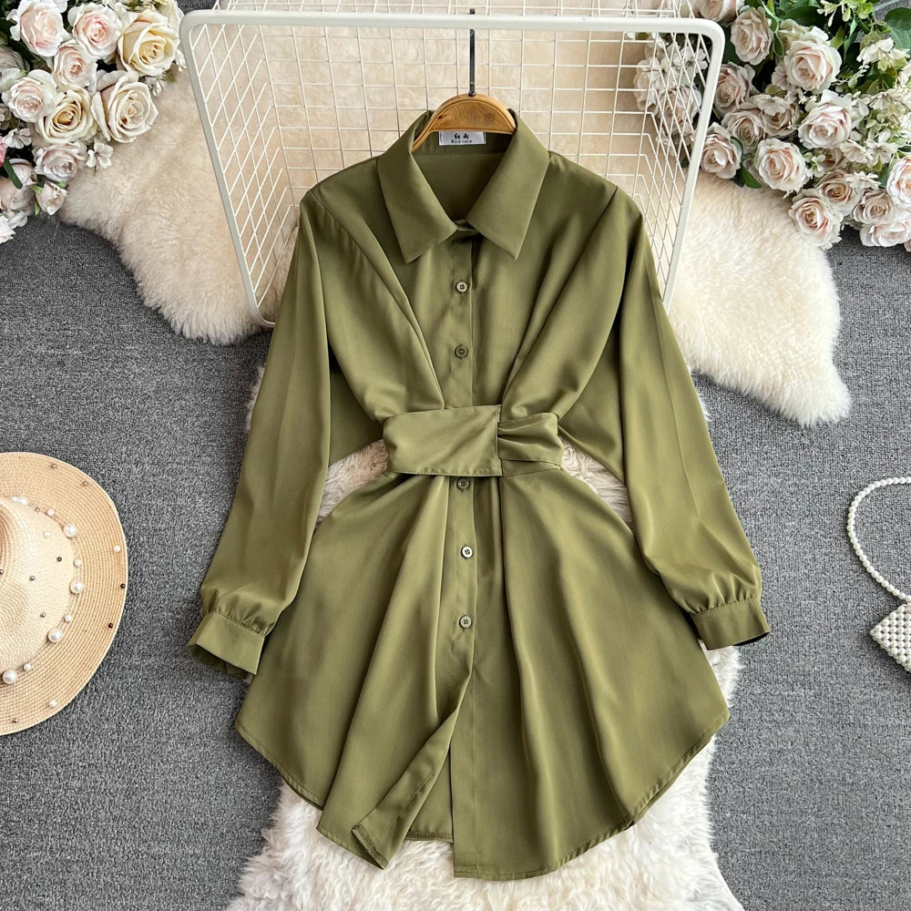 Boutique Wholesale 2026 Autumn New Fashionable Temperament Long Sleeved Lapel Waist Slimming A-line Shirt Women's Dress