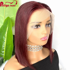 13*4 Glueless Frontal Lace Wigs Burgundy Color 99J Brazilian Straight Human Hair Pre-Plucked Short Bob Wig Transparent Front Wig