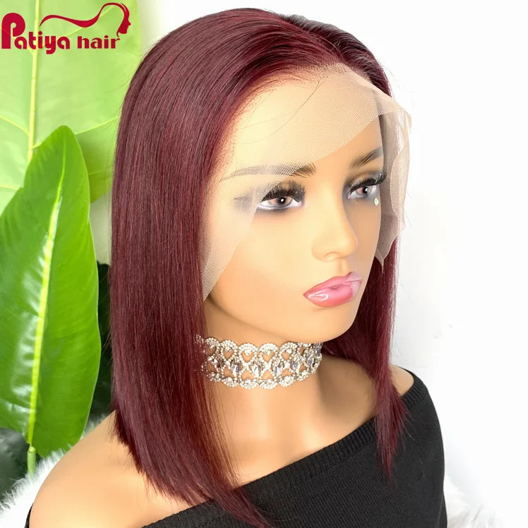 13*4 Glueless Frontal Lace Wigs Burgundy Color 99J Brazilian Straight Human Hair Pre-Plucked Short Bob Wig Transparent Front Wig