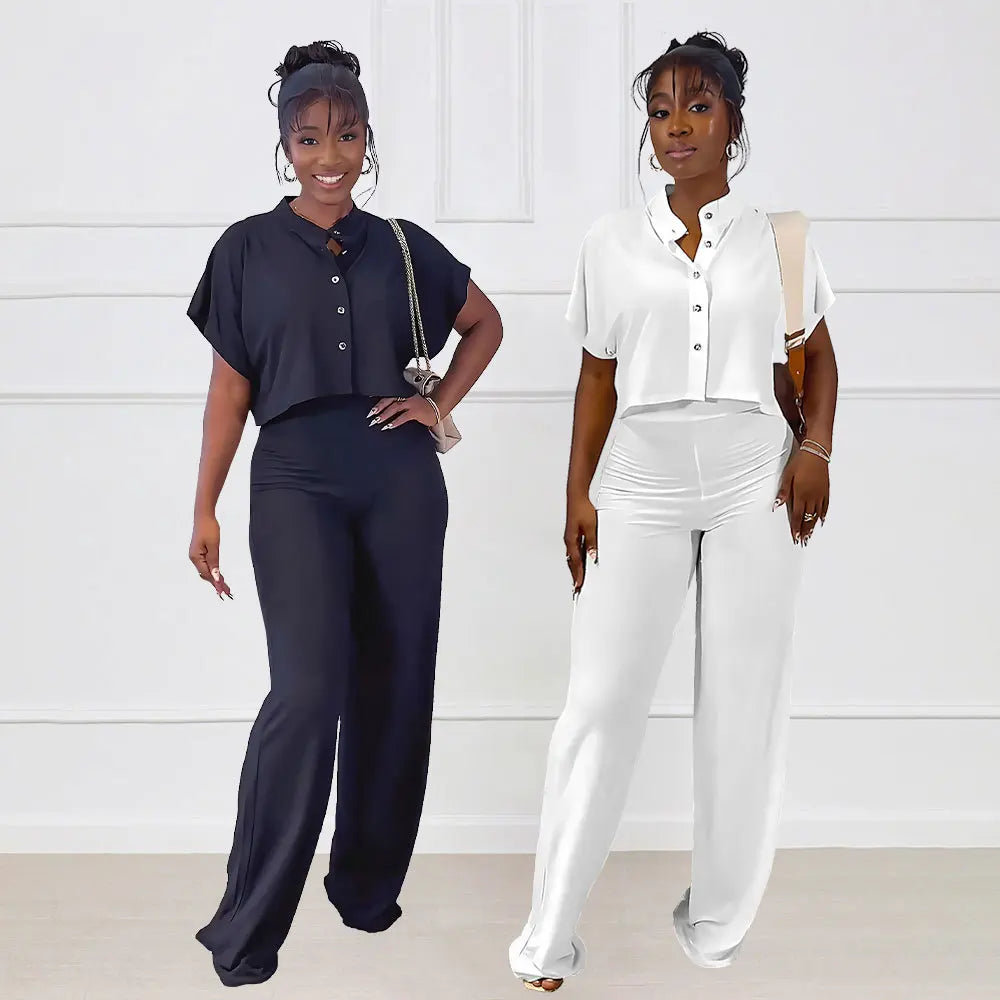 Women Clothes Ladies Casual Solid Color Lapel Short Sleeve Shirt Crop Top Wide Leg Trousers Pants Fashion Two Piece Women's Sets