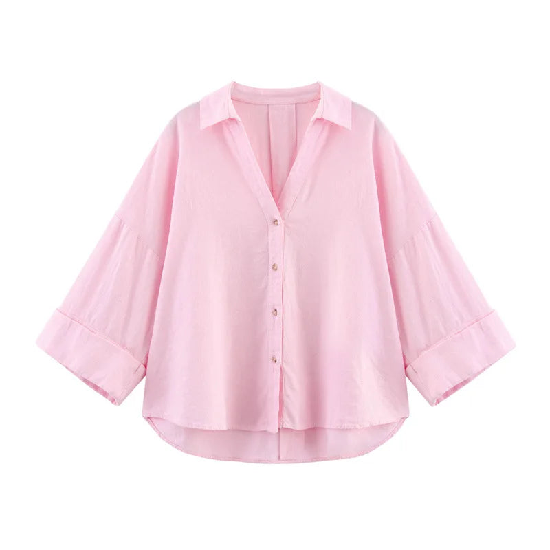 2023 Spring Linen Long Sleeve Casual Modest Blouses Shirts Elegant Women
