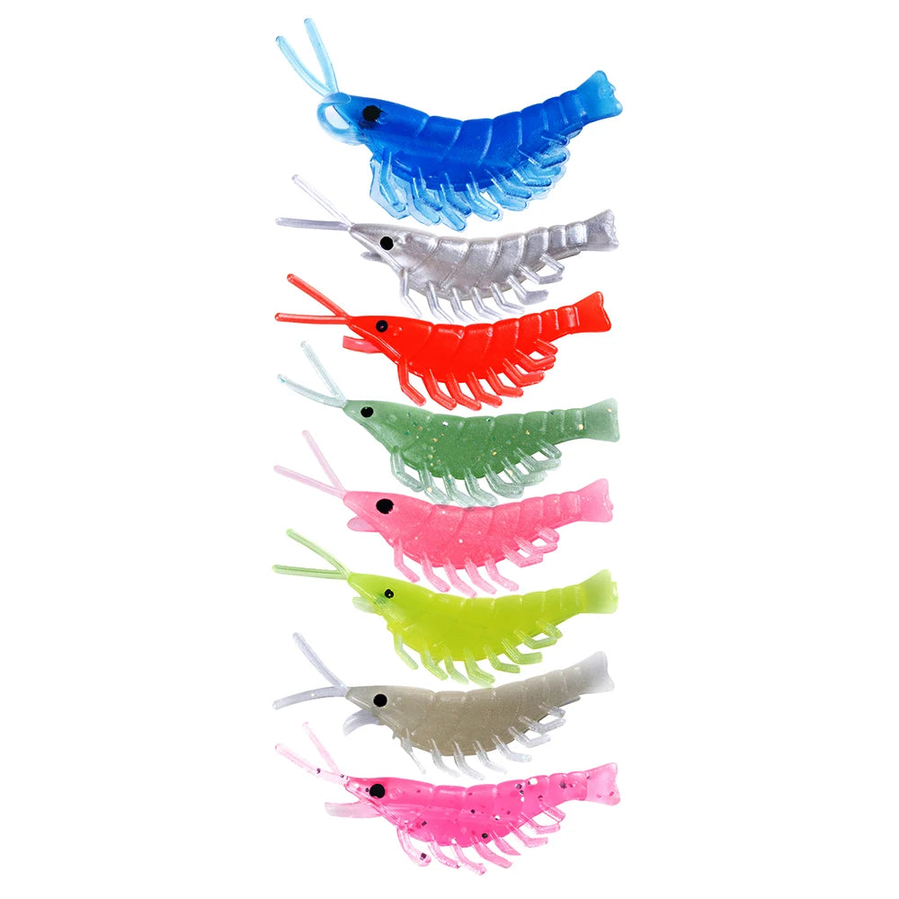 20pcs/bag Small Size Freshwater Sea Water Artificial Fishing Bait Soft Plastic Glow Shrimp Prawn Lure