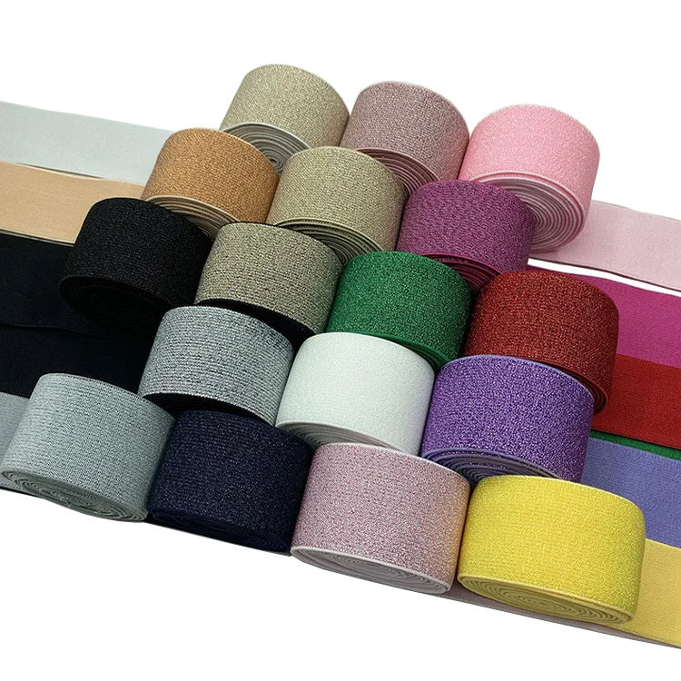 Golden Shiny Elastic Polyester 50yards a Roll Stretch Lurex Knitted Elastic Band Waistband 2.5cm 3cm 4cm