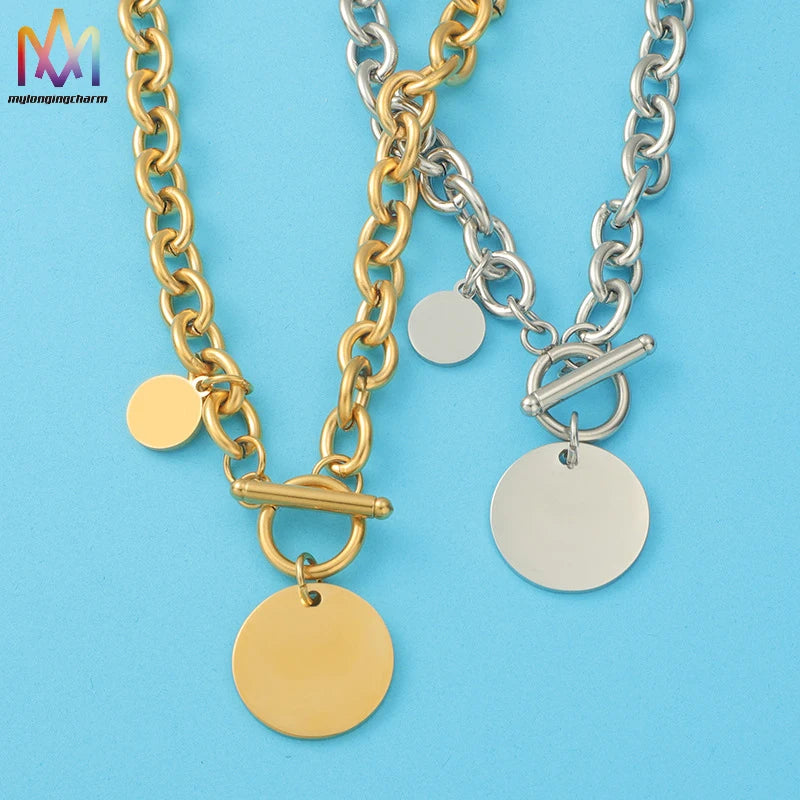 Hip Hop Stainless Steel Ot Buckle Pvd Gold Plated Wide Necklace Blanks Round Name Plate Necklace Men Women