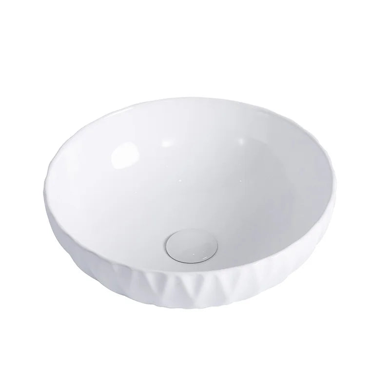 Customized Unique Embossed Ceramic Above Counter Bathroom Sink Round Shape Hand Wash Basin Sink