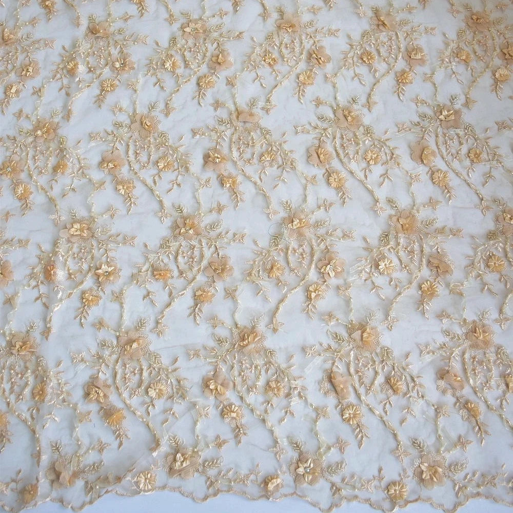 HY0673 Top Hand Laces Fabrics for Women Luxury Gold Lace 3d Laces Fabric Flowers Embroidered Pearls Tulle
