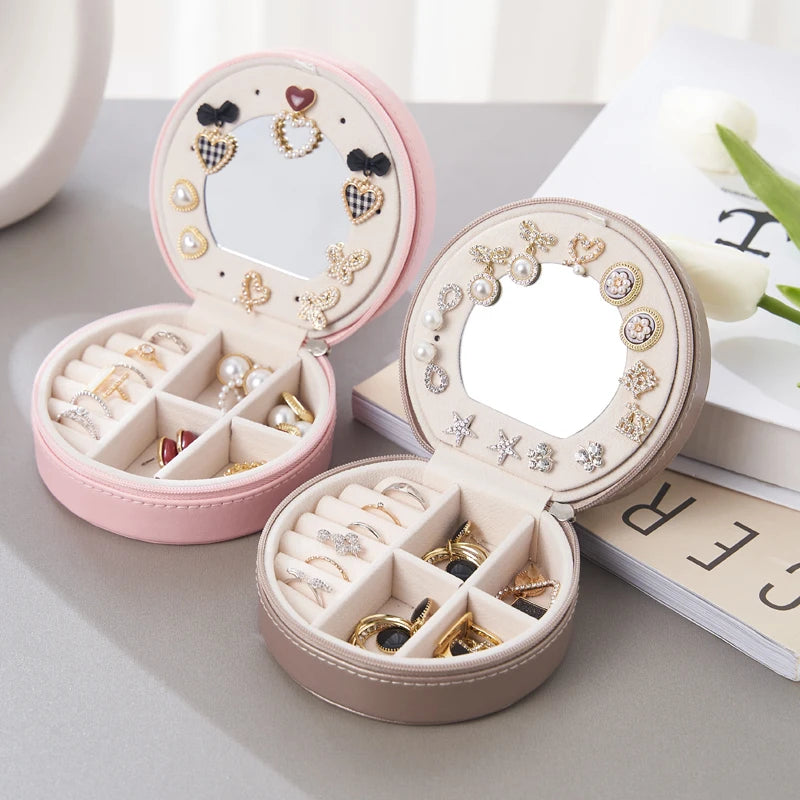 Wholesale Velvet Leather Small Travel Jewellery Storage Box Custom Logo Printed Round Jewelry Organizer Boxes With Mirror