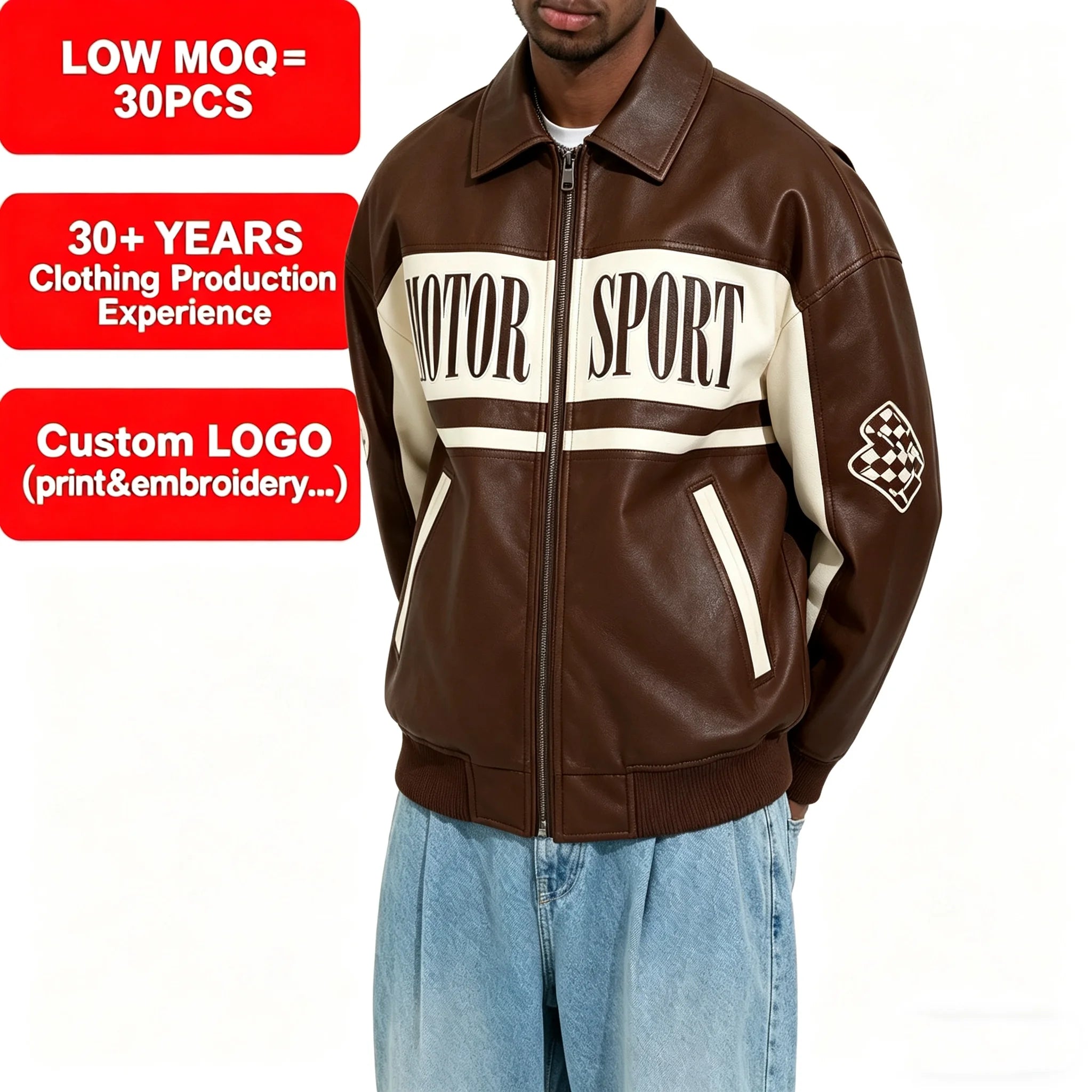 Mens Vintage Motor Sport Faux Leather Jacket Brown White Colorblock Zip up Bomber Jacket Streetwear Motorcycle Coat for Men