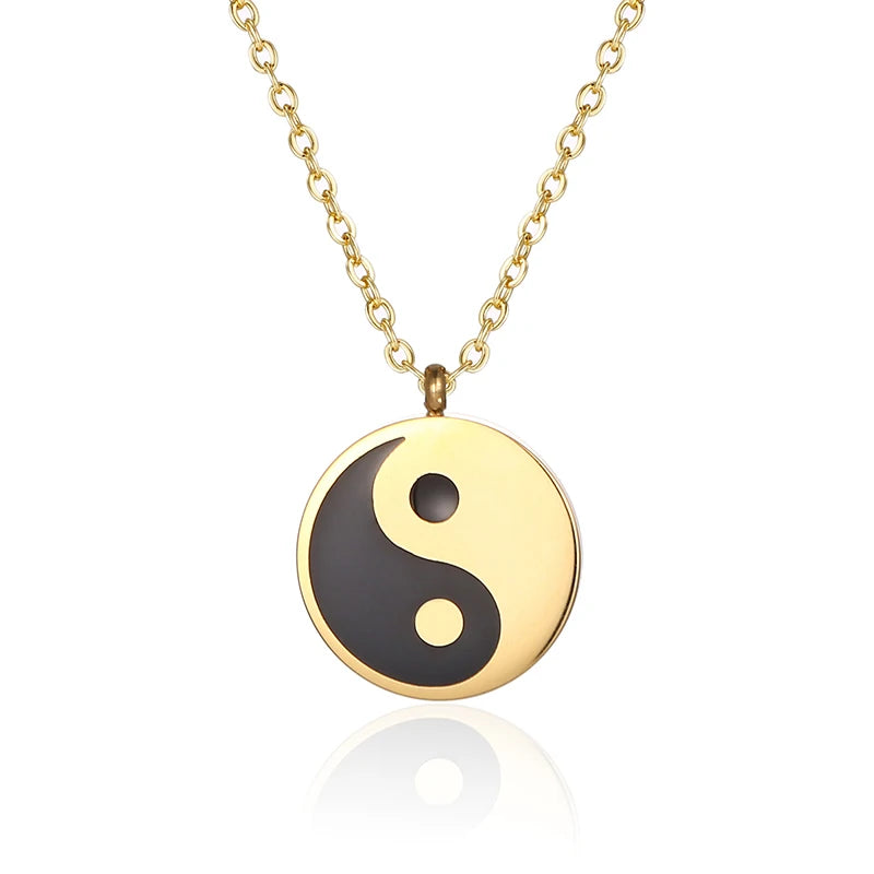 Fashion 18K Gold Tai Chi Yin Yang Pendant Necklace for Women Girls Trendy Stainless Steel Coin Engraved Enamel Jewelry Wholesale
