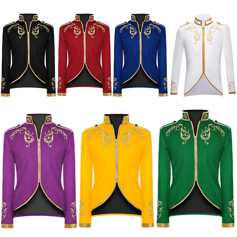 Men's Victorian Vintage Medieval Jacket Coat Embroidery Zip up Stand Collar Prince King Cosplay Costume Blazer Coats