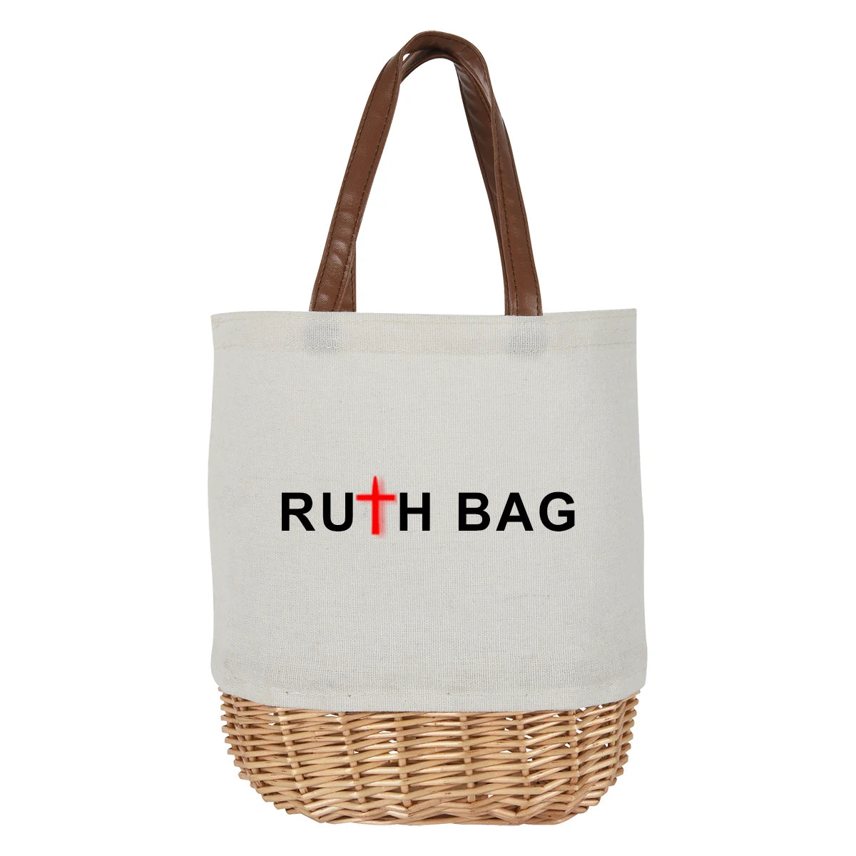 Women's Elegant Large Capacity Cotton Bucket Bag Leather Handle Shoulder Strap Custom Pattern Letter Design for Beach Shopping