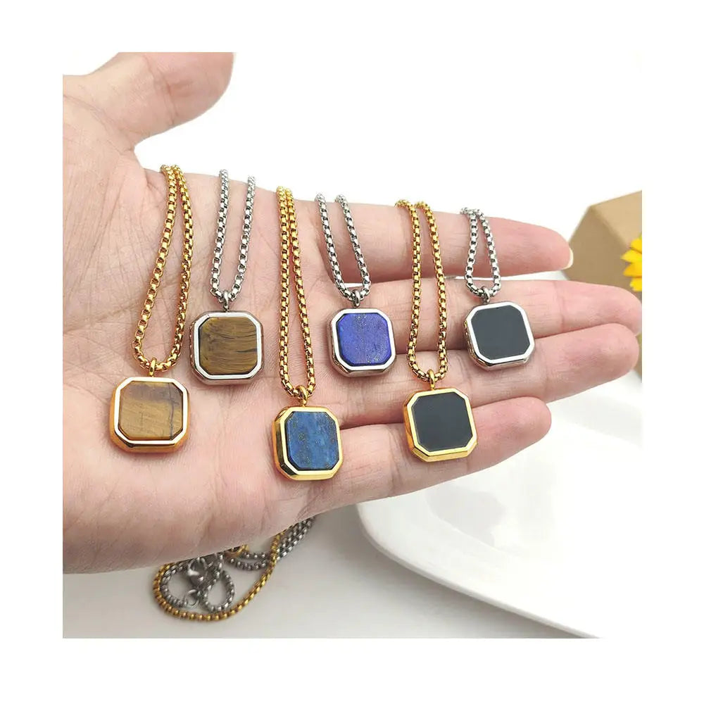 Hot Sale Stainless Steel Silver Gold Plated Square Pendant Necklace Charms Colorful Natural Stone Necklace With Chain