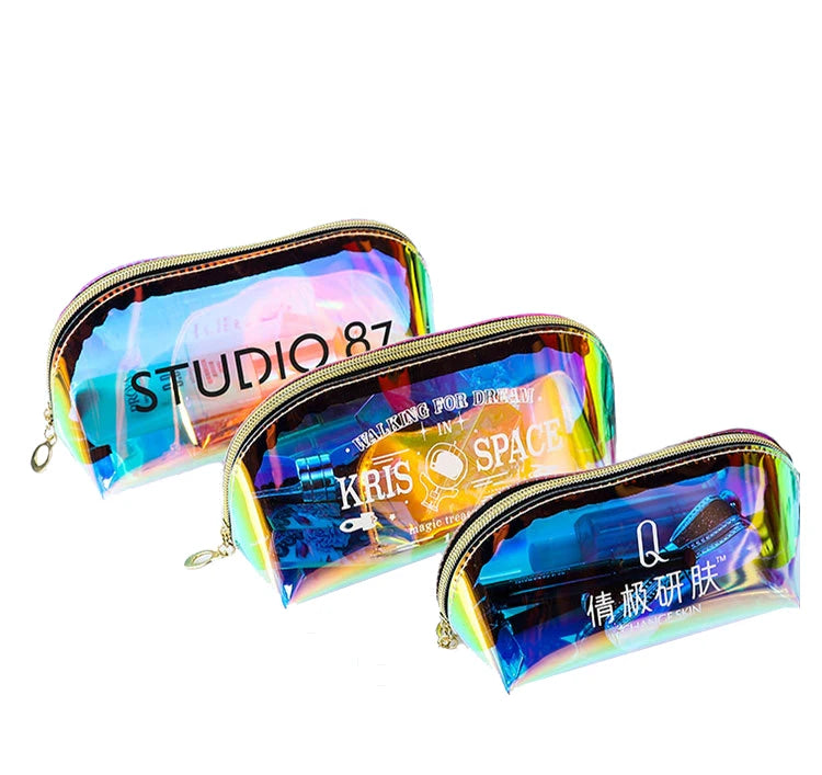 Custom Logo Holographic PVC Cosmetic Pouch Fashionable Small Makeup Bag with Zipper Closure Personalized Case