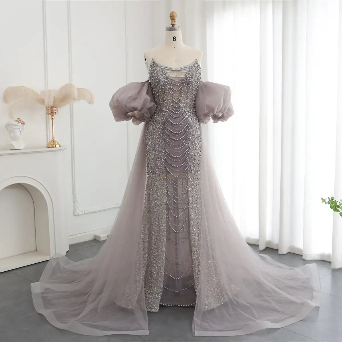 Luxury Pearls Purple Mermaid Evening Dress With Cape Sleeves Tassel Dubai Turkish Wedding Party Gowns Lsz199