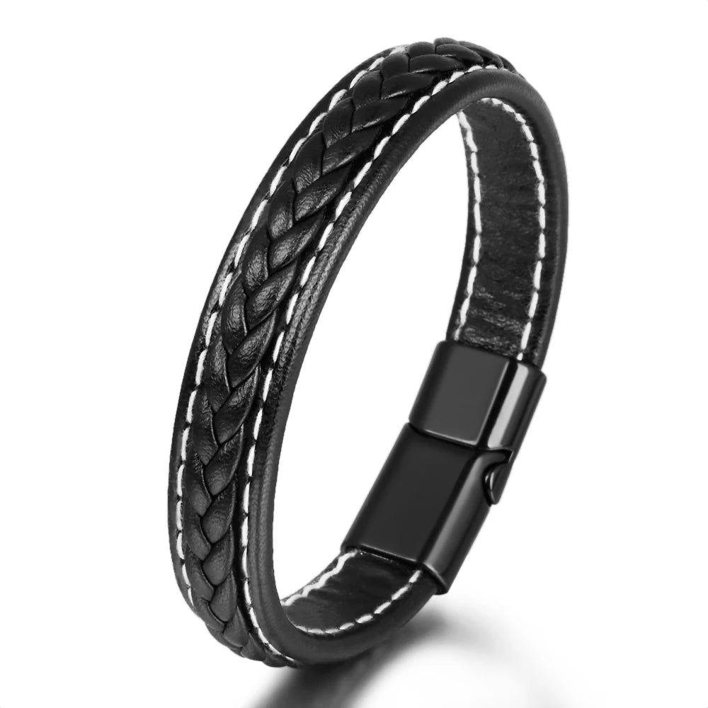 Vintage Men's Chain Rope Cuff Bracelet Cowhide Handmade Original Simple Woven Leather Alloy Wristband