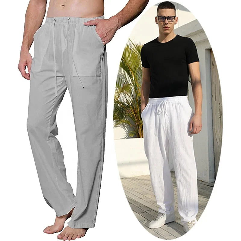 Mens Linen Casual Pants Loose Fit Beach Wear Oversized Lightweight Trousers 5XL Drawstring Hippie Joggers Yoga Pants