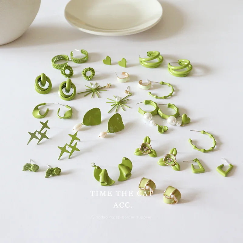 925 Silver Needle Summer Fresh Green Series Geometric Avocado Green Earrings for Women Daily Statement Accessories