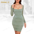 Factory Custom Made Satin Ruched Body Con Ladies Dinner Dress Long Sleeve  Square Neck Ladies Party Dresses