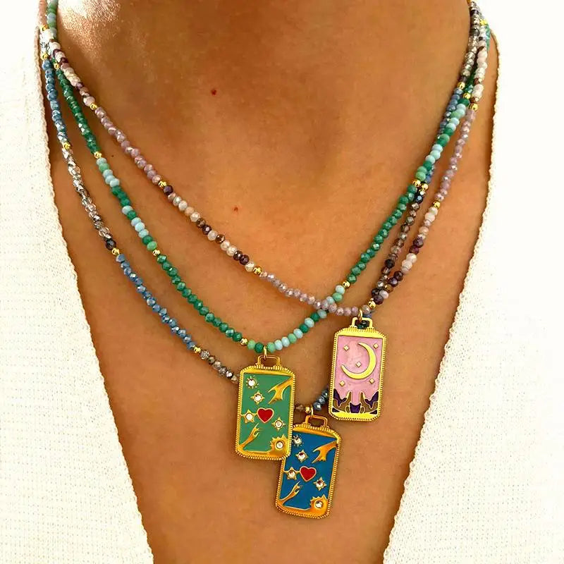 French Trendy Women's Necklace Light Luxury Bohemian Titanium Steel Square Plate Inlaid Colorful Rhinestones Beads Personalized