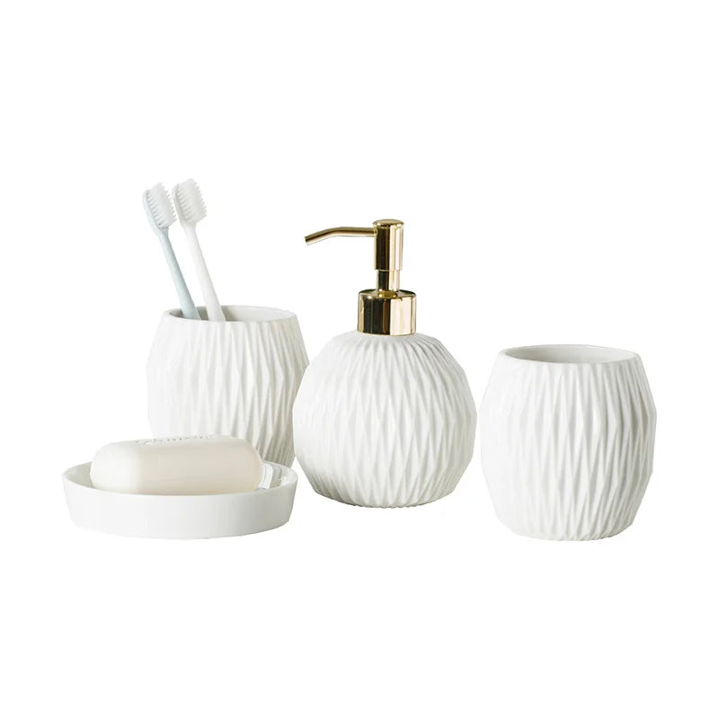 Modern Five-Piece Bathroom Set with Detergent and Mouthwash Cups Stylish Five-Piece Bathroom Detergent Set