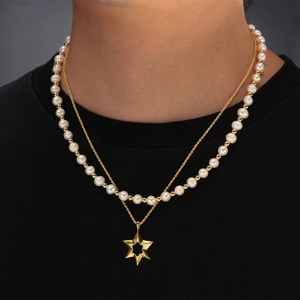 NMN09 18K Gold Plated Bead With Cultured Freshwater Pearl Sterling Silver Necklace 925 Silver Jewelry for Men