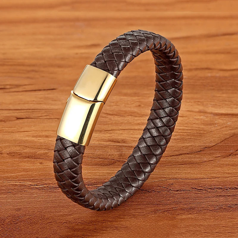 Top Quality Handmade Braided Genuine Leather Bracelet Stainless Steel Magnetic Clasp Jewelry Bracelets for Men Gift