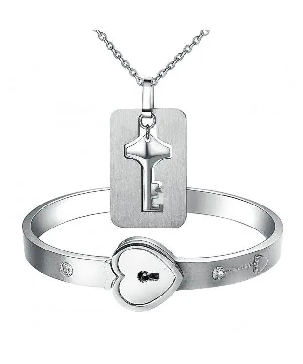 Epsilon A Couple Lovers Jewelry Love Heart Lock Bracelet Stainless Steel Bracelets Bangles Key Pendant Necklace Jewelry With Gift Box