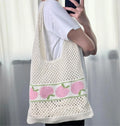 Summer Autumn Fashion Vintage Bohemian Beach Bag for Women Two Open Peach Knitted Crochet Tote Shopping Bags Hollowed Mesh