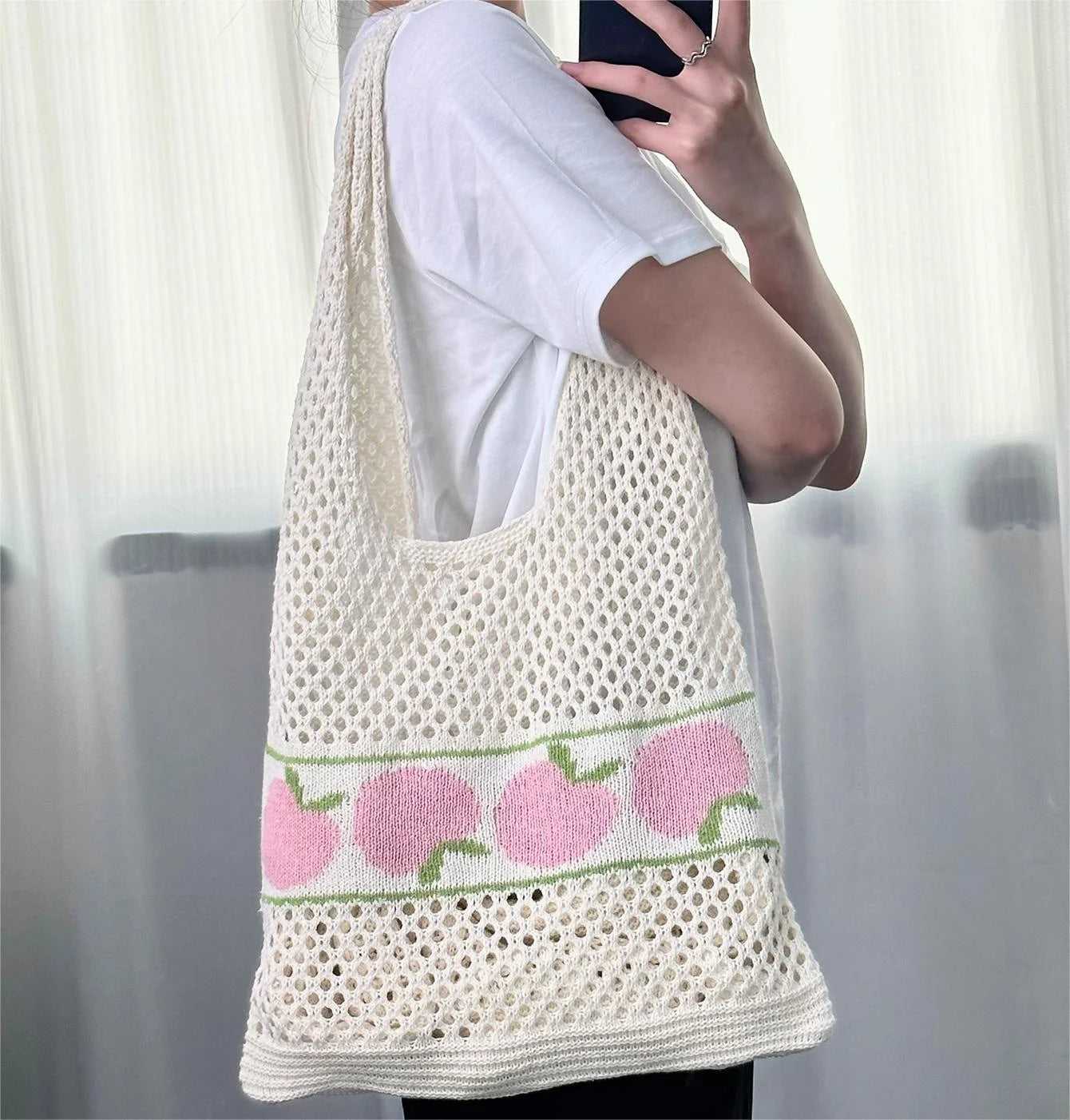 Summer Autumn Fashion Vintage Bohemian Beach Bag for Women Two Open Peach Knitted Crochet Tote Shopping Bags Hollowed Mesh