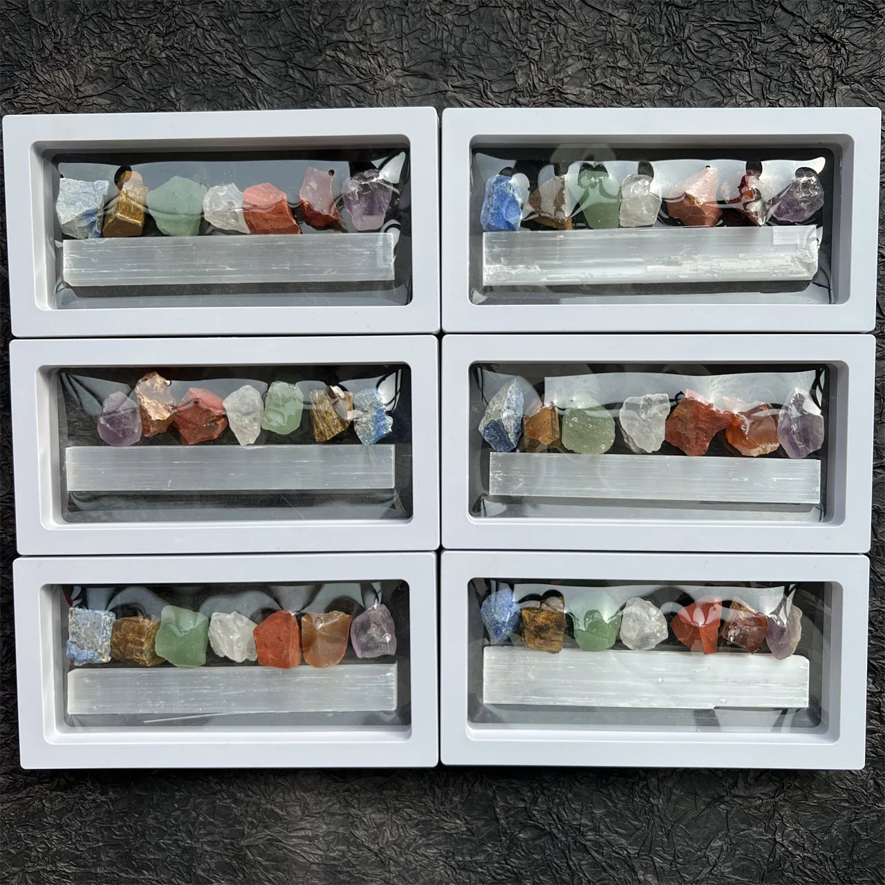 Natural  Crystal Gift Set of Seven Chakra Healing Stones Crystals in Raw Stone and Plaster Strips