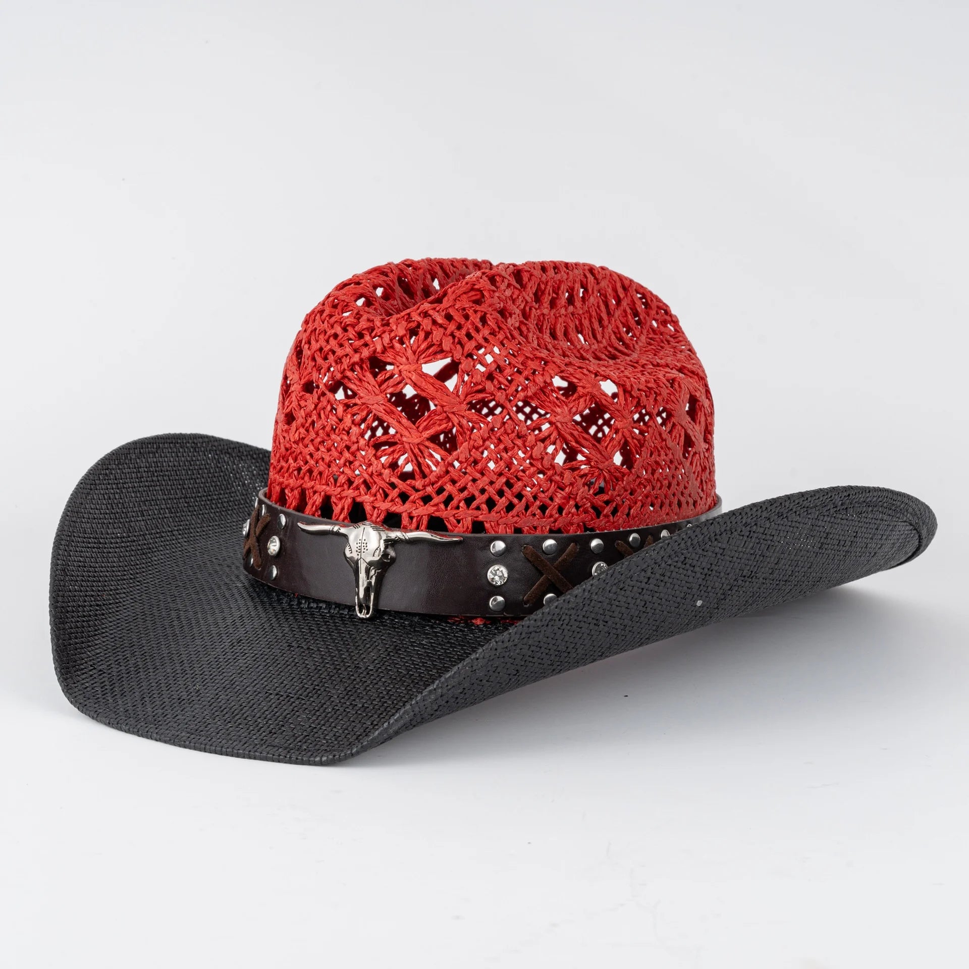 New Sunshade Leisure Versatile Spring Summer Retro Black and Red Spliced Denim Straw Hat for Men and Women