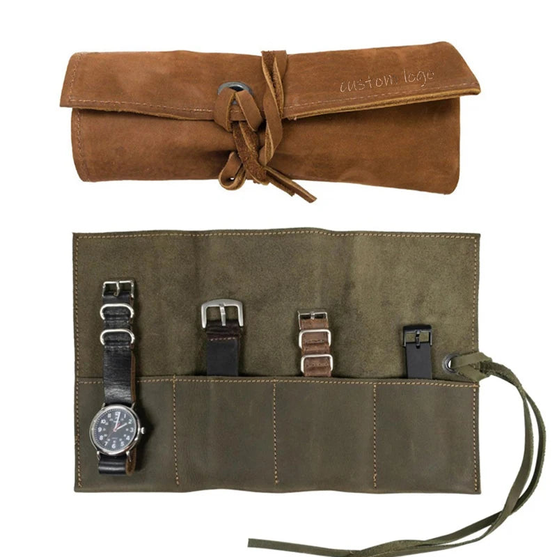 Luxury Custom Logo PU Leather Watch Roll Bag Foldable Travel Case for 4 Watches Wristwatch Box