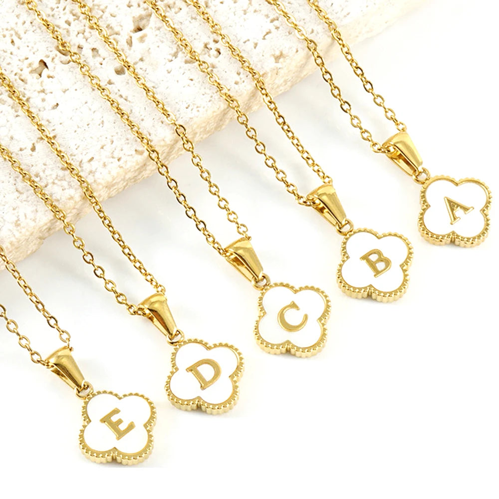 Wholesale 18K Gold Letter A-Z Pendant Four Leaf Clover Initial Charm Hot Selling Stainless Steel Link Chain Necklace for Women
