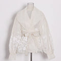 Vintage Lace Embroidery Mesh Loose Fit V-neck Balloon Sleeve Blouse for Women Spring/Summer Casual Fashion 2025