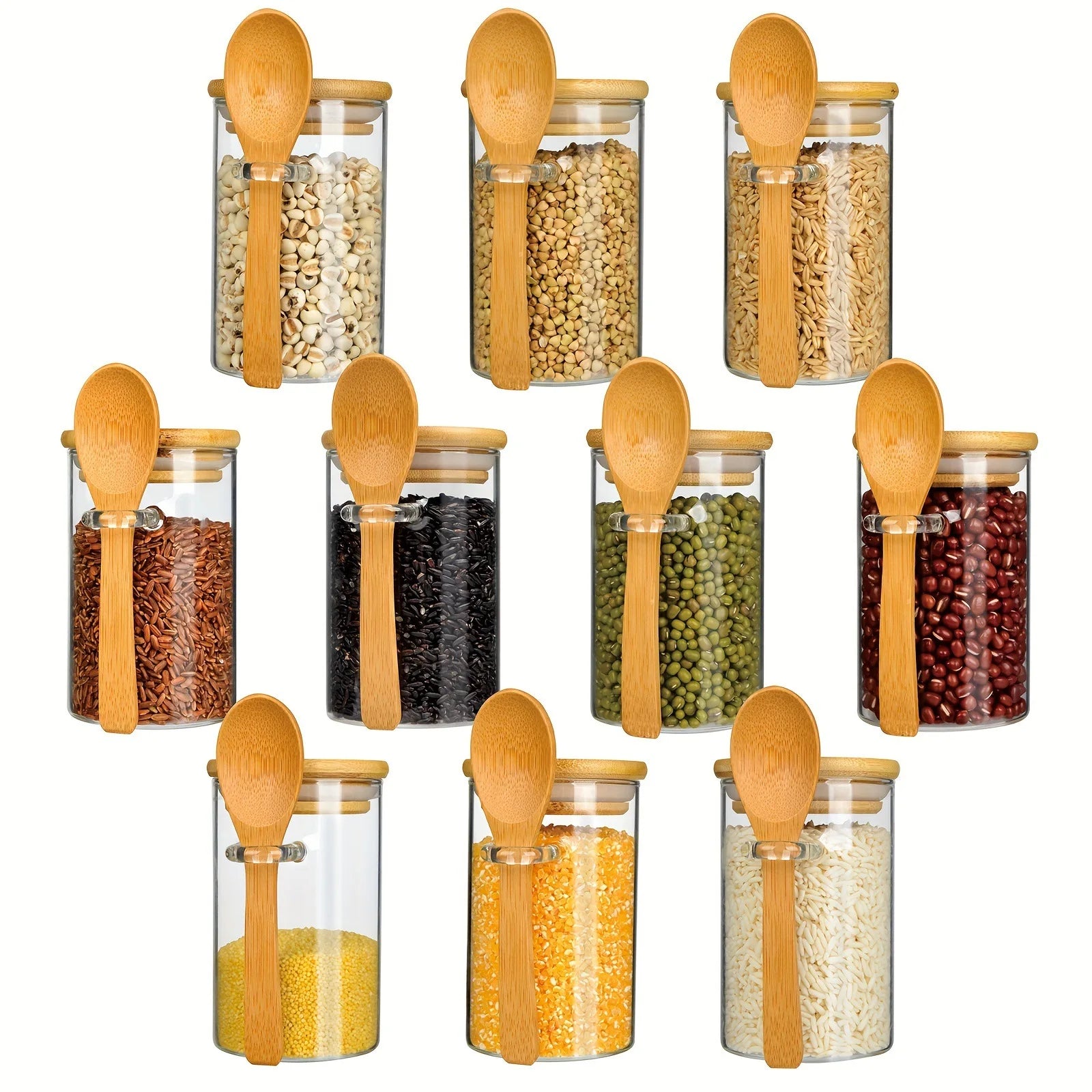 Wholesale Airtight Glass Jars Bamboo Lids Spoons Kitchen Canisters Coffee Sugar Beans Tea Spice Storage Bamboo Stand
