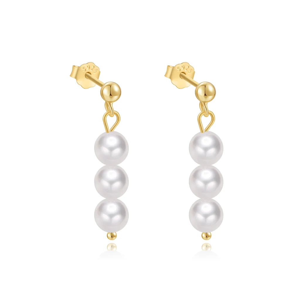 Wholesale Fashion Jewelry 925 Sterling Silver Simplicity Dangling Pearl Gold Plated Stud Earring Jewelry for Women