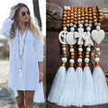 New Handmade Wooden Beads Ethnic Style Tassel Necklace Turquoise Peace Sign Pendant Beaded Necklace