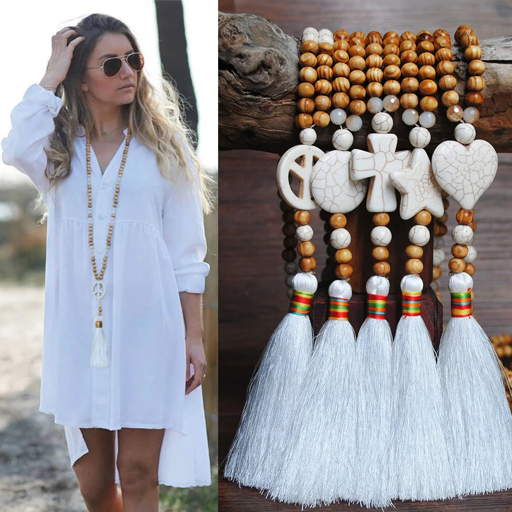 New Handmade Wooden Beads Ethnic Style Tassel Necklace Turquoise Peace Sign Pendant Beaded Necklace