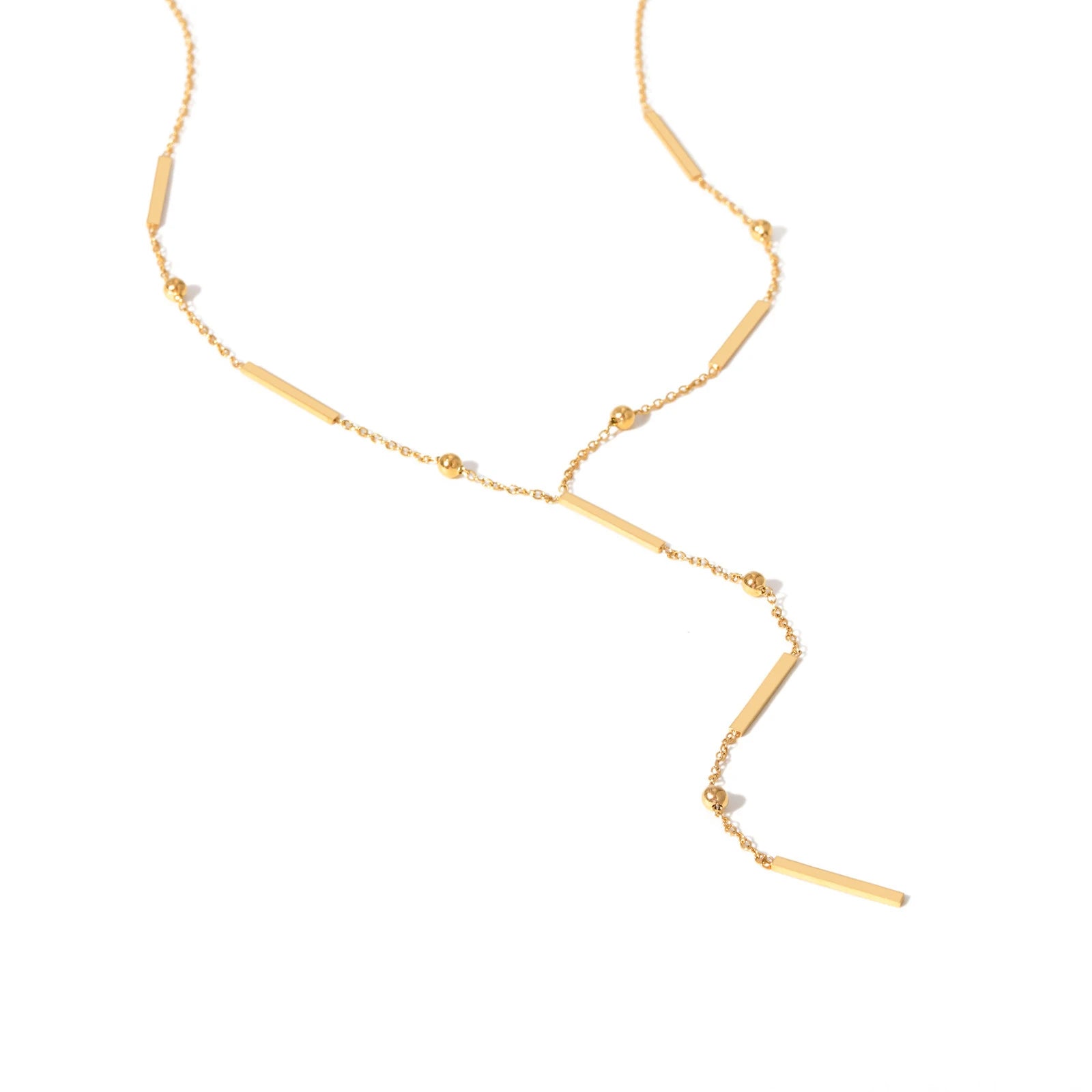 Gold Plated Stainless Steel Chain Necklace Geometric Double Square Bar Y-Shaped Pendant Classic Style for Fashionable