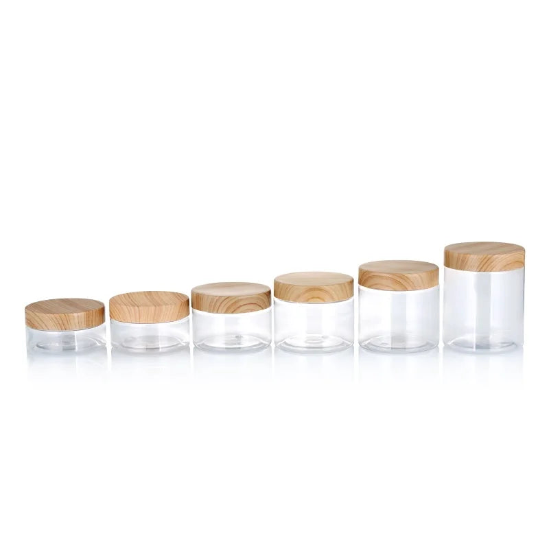Food Grade Wood Grain Lid Clear PET Plastic Jar with Aluminum Screw Top Cap 80ml-250ml Capacity for Skin Care Cosmetic Lotion