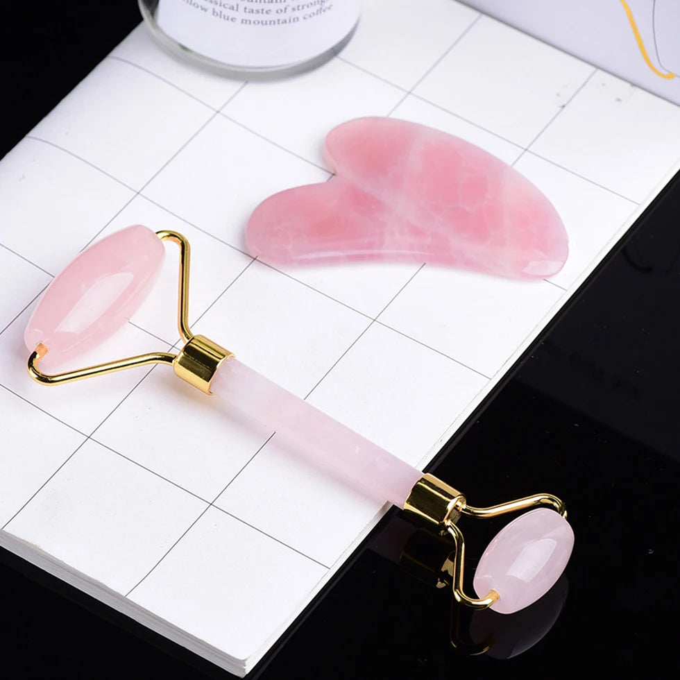 Wholesale Crystal Anti-Aging Facial Gua Sha Set Pink Green Jade Amethyst Crystal Craft Face Massage Roller Quartz Body Tools