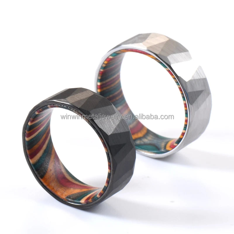 Fashion Jewelry in Stock 8mm Faceted Tungsten Ring for Men's Wedding Gift Colorful Box Elder Wood Ring Engagement Anniversary