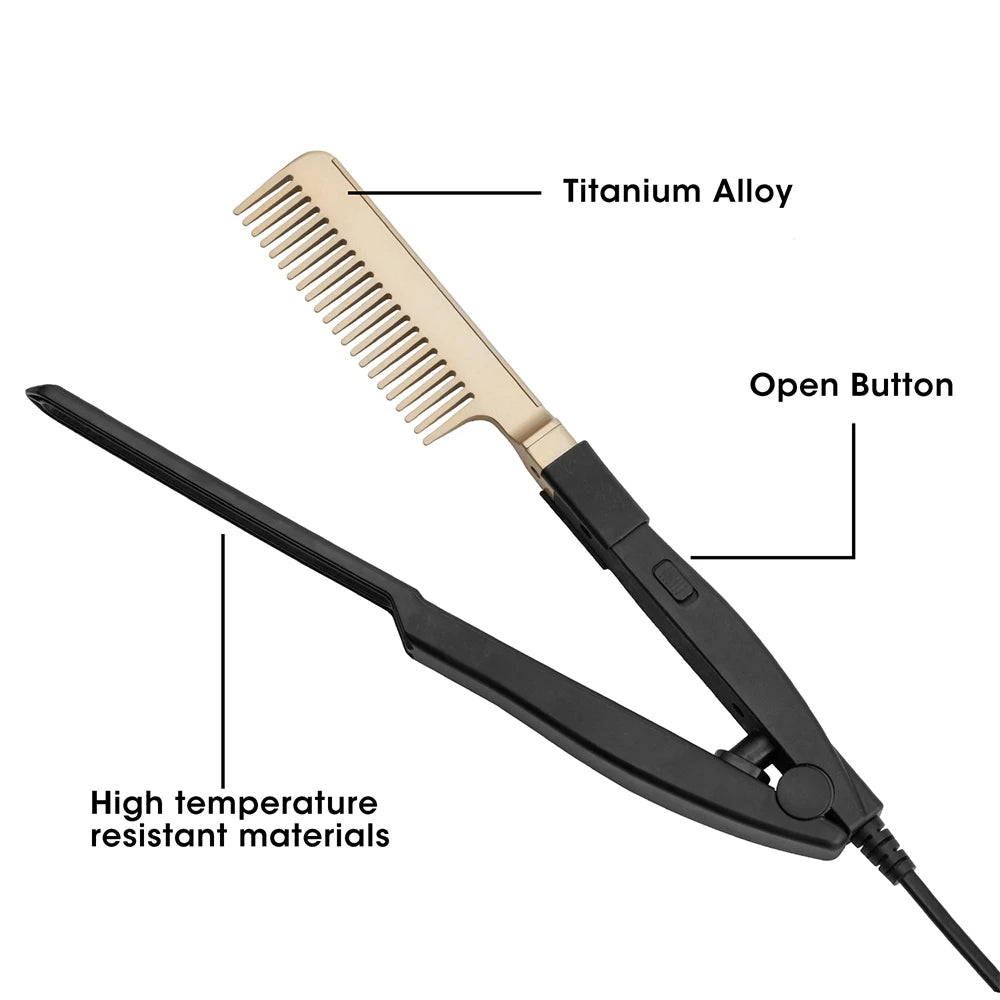Leeons Professional Hair Care Foldable V Type Copper Hot Comb Hair Straightener Electric Hairstyling Comb